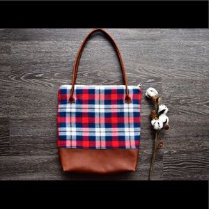 Genuine leather plaid flannel tote